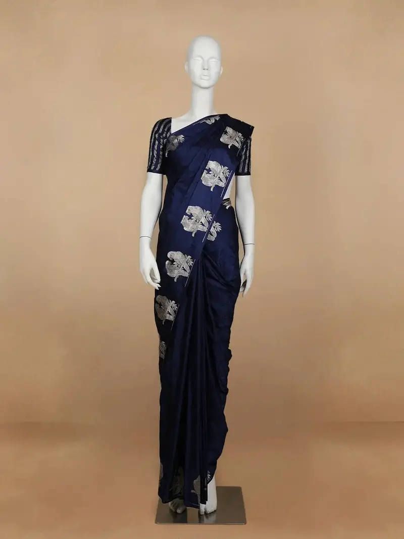 Dark Blue Floral Designed Banarasi Silk Saree 1