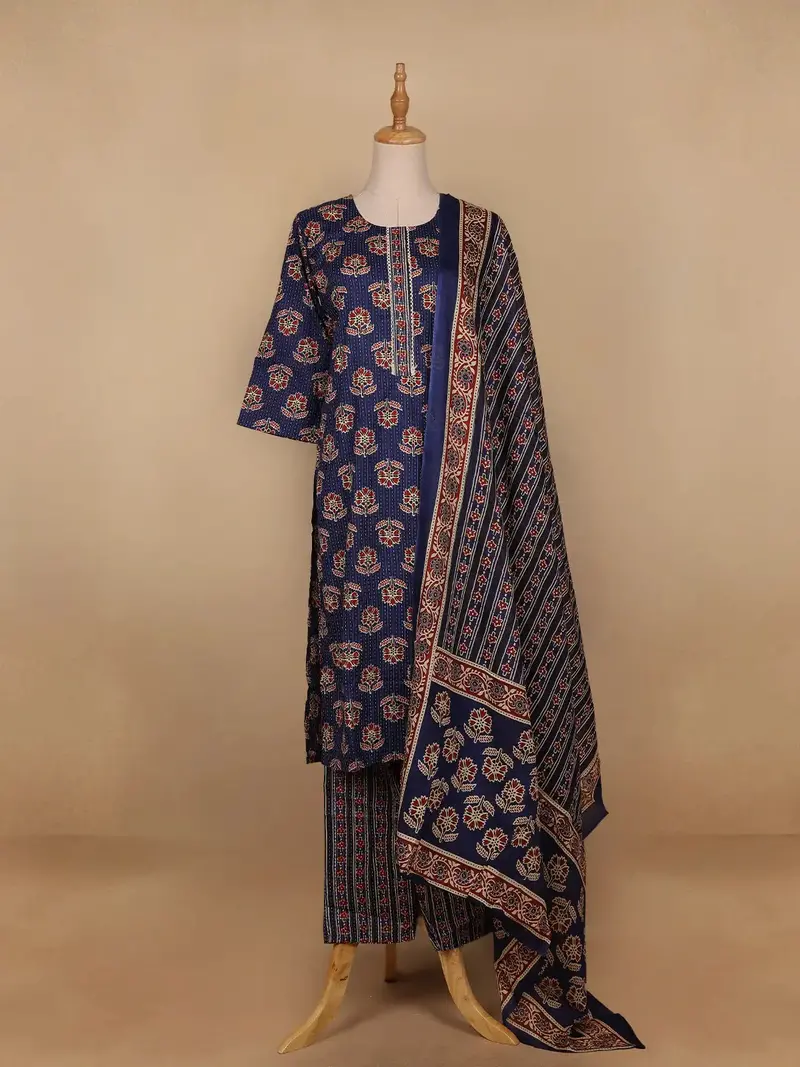 Dark Blue Floral Designed Cotton Salwar Suit 1