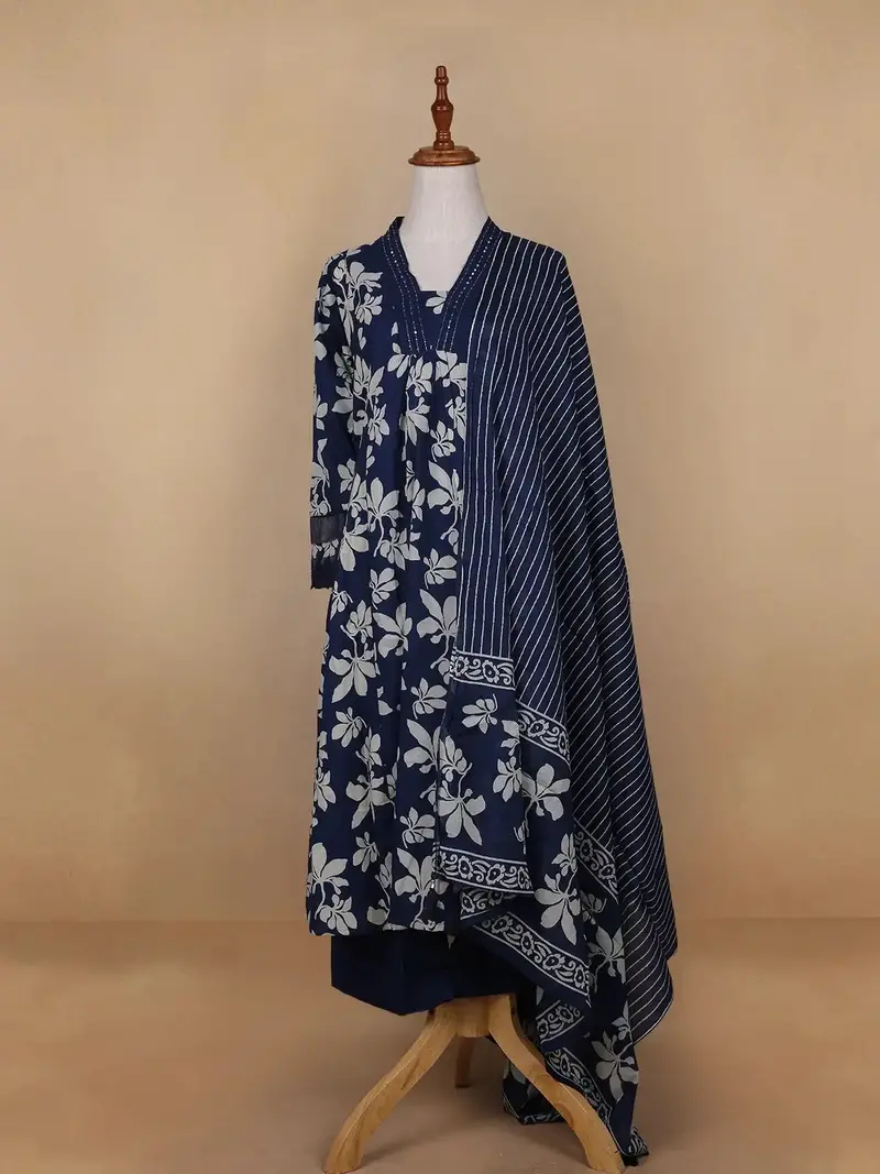 Dark Blue Floral Designed Cotton Salwar Suit 1