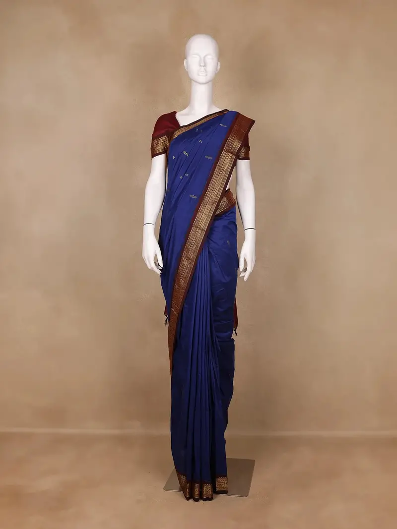 Dark Blue Floral Designed Cotton Saree 1