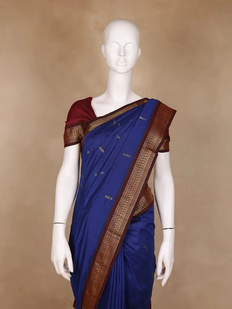 Dark Blue Floral Designed Cotton Saree 2
