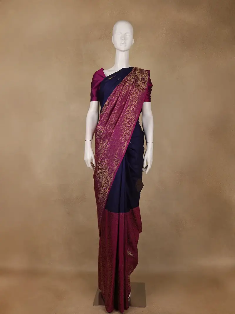 Dark Blue Floral Designed  Kanchipuram Silk Saree With Zari Border 1