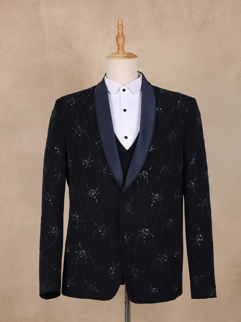 Dark Blue Floral Designed Men's Suit 1