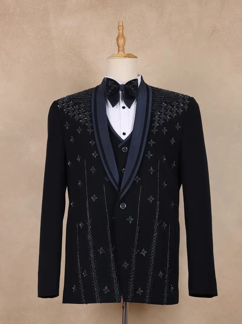 Dark Blue Floral Designed Men's Suit 1