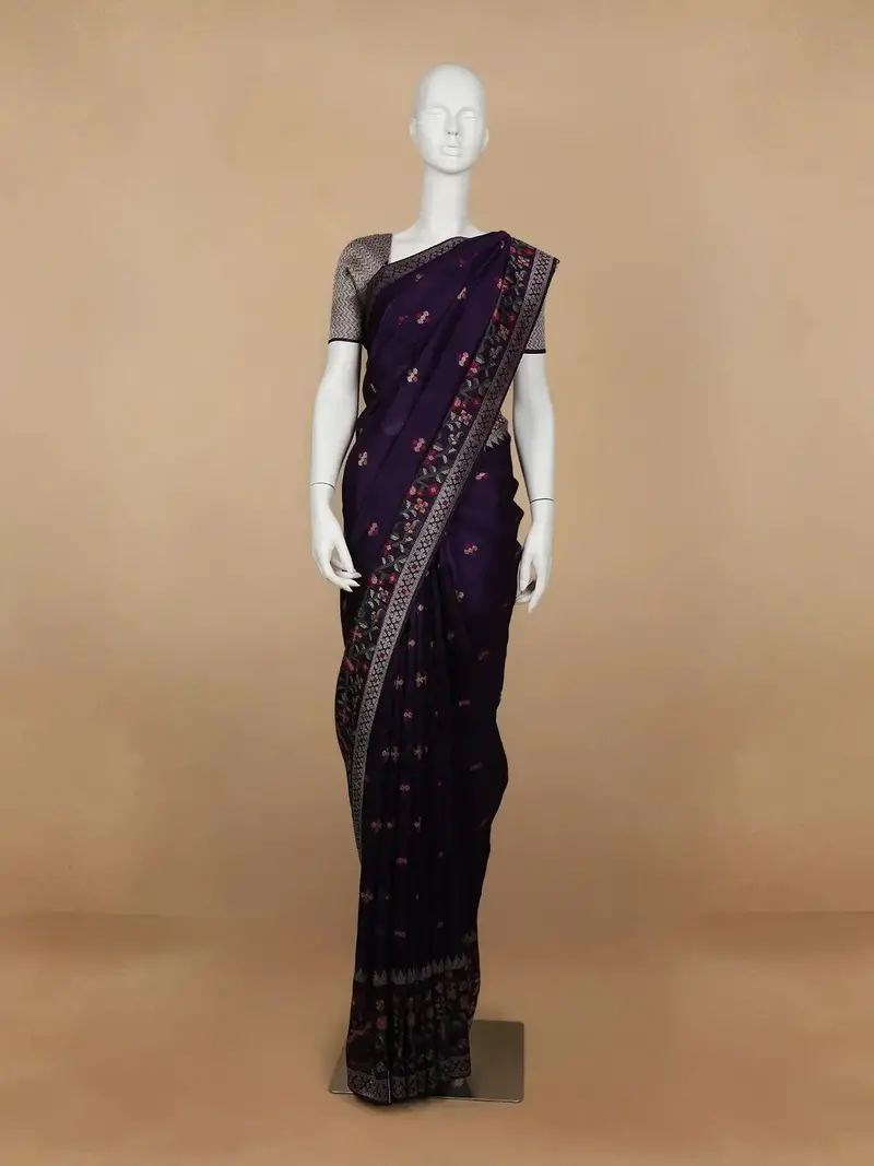 Dark Blue Floral Designed Raw Silk Saree 1