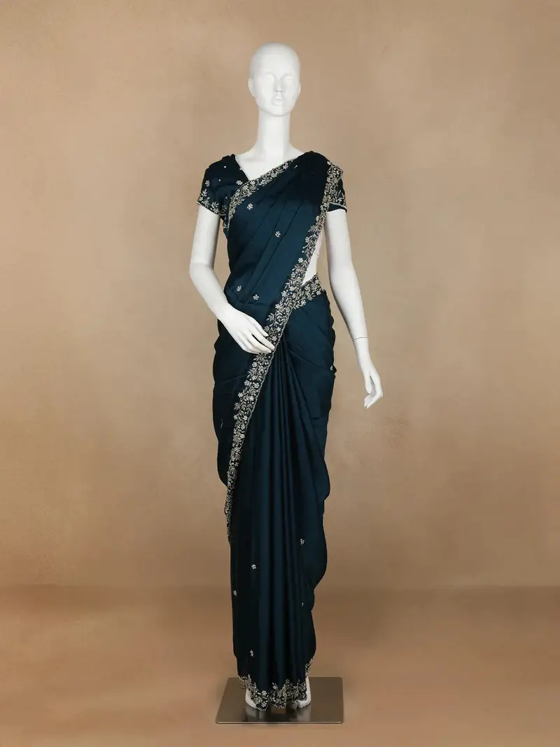Dark Blue Floral Designed Satin Saree 1
