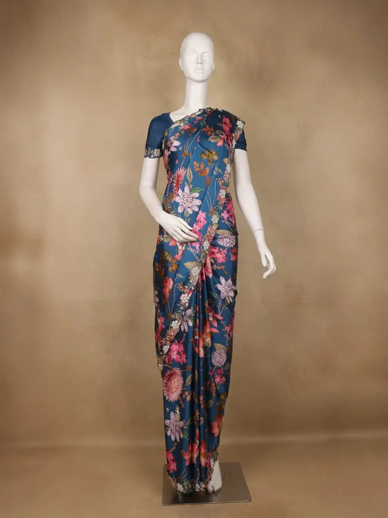 Dark Blue Floral Designed Satin Saree 1