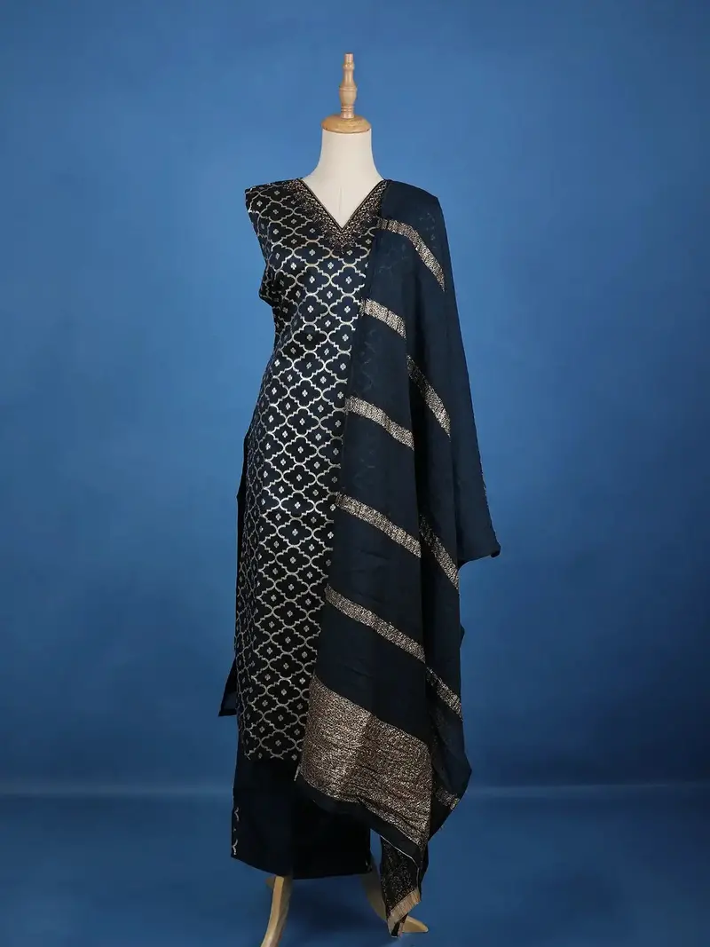 Dark Blue Floral Designed Semi Silk Salwar Suit 1