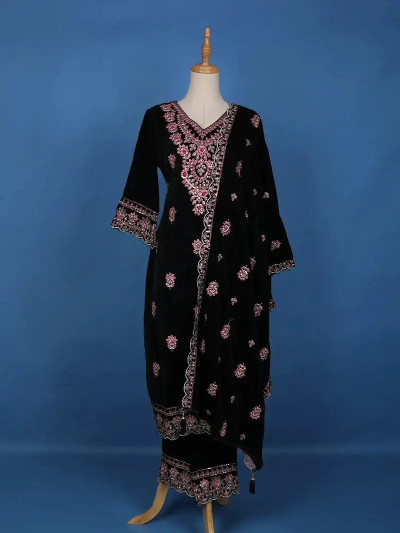 Dark Blue Floral Designed Velvet Salwar Suit 1