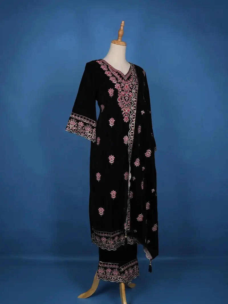 Dark Blue Floral Designed Velvet Salwar Suit 3