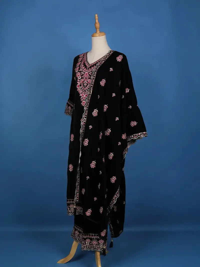 Dark Blue Floral Designed Velvet Salwar Suit 4