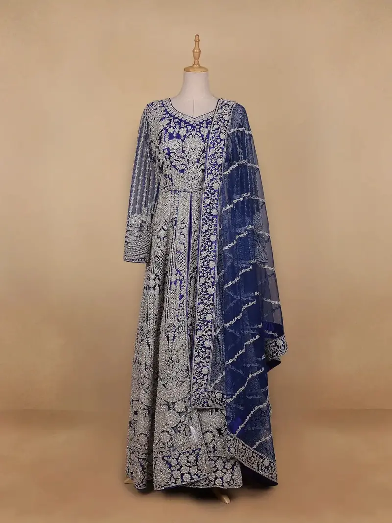 Dark Blue Floral Embroidery Net Bridal Gown 1