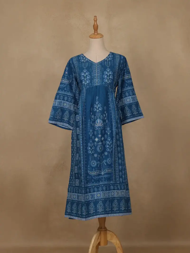Dark Blue Floral Printed Cotton Kurti Top 1