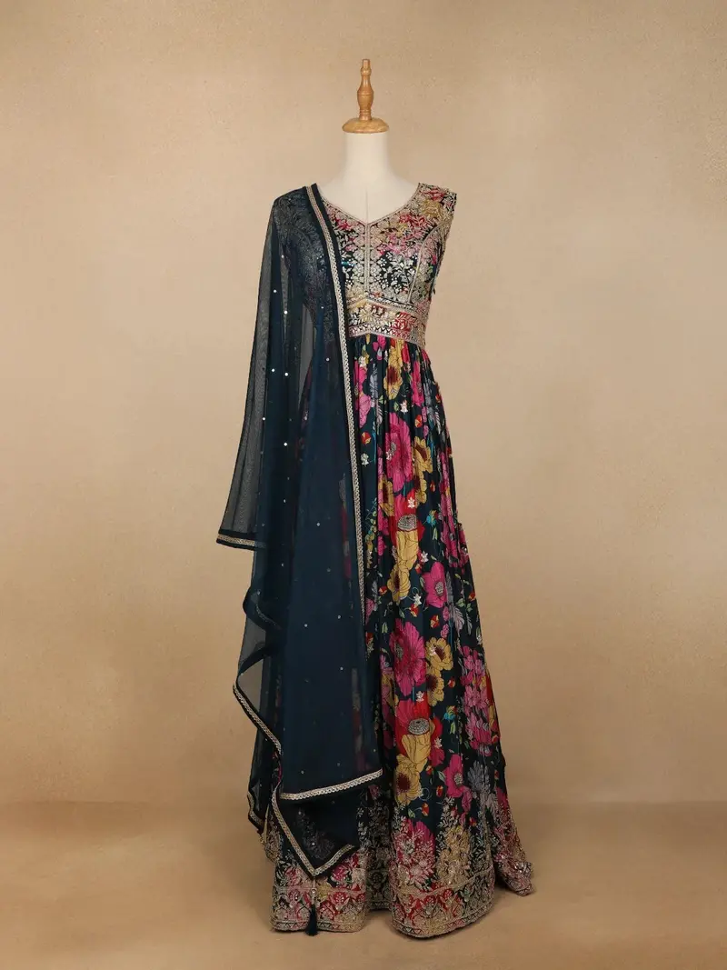 Dark Blue Floral Printed Crepe Gown 1