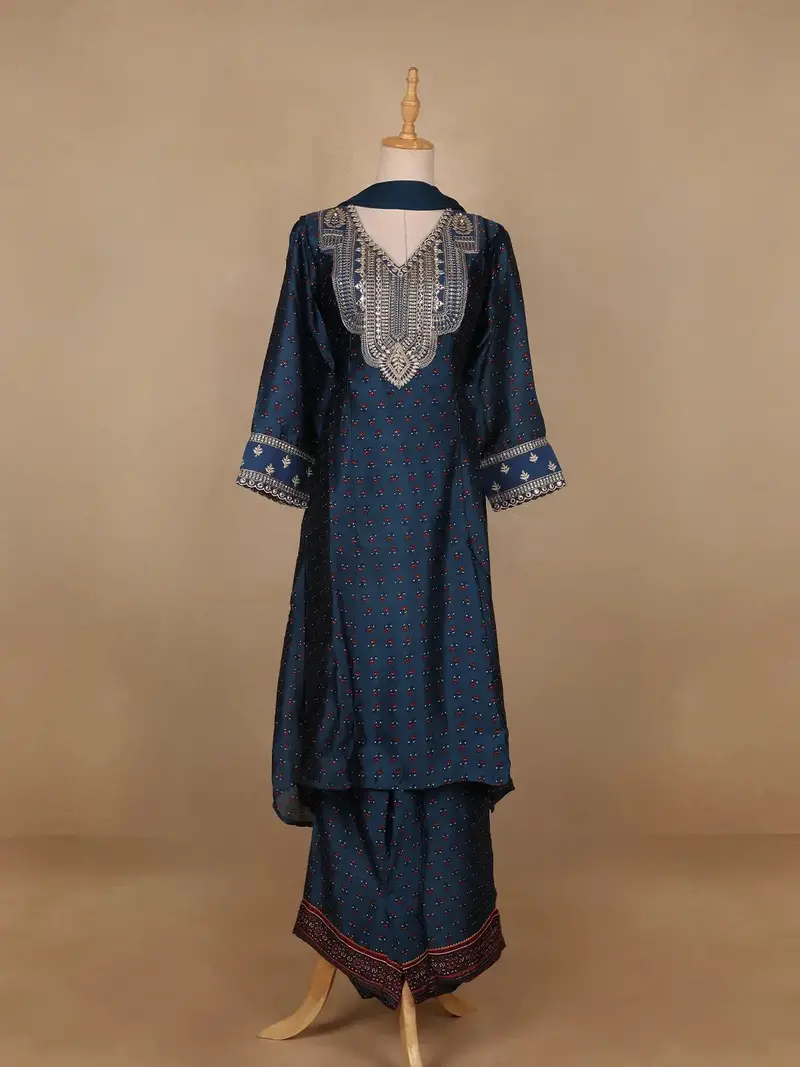 Dark Blue Floral Printed Semi Silk Salwar Suit 1