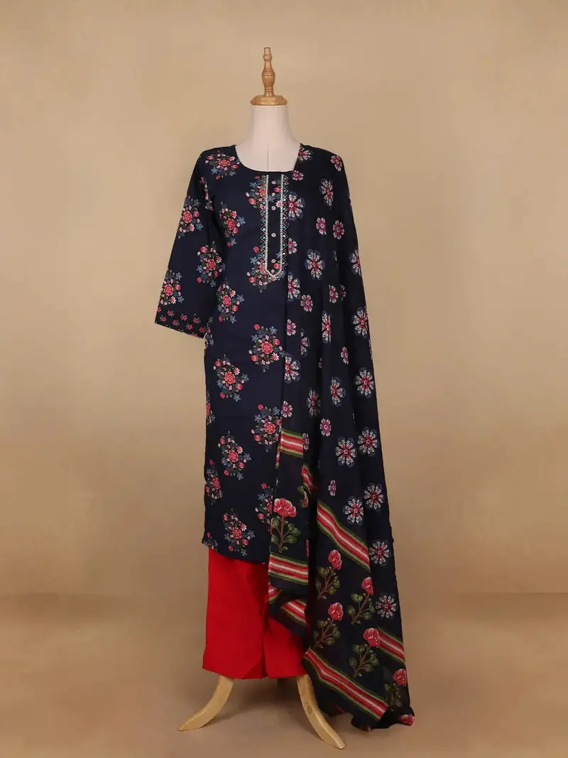 Dark Blue Floral Prints Cotton Straight Cut Salwar Suit 1