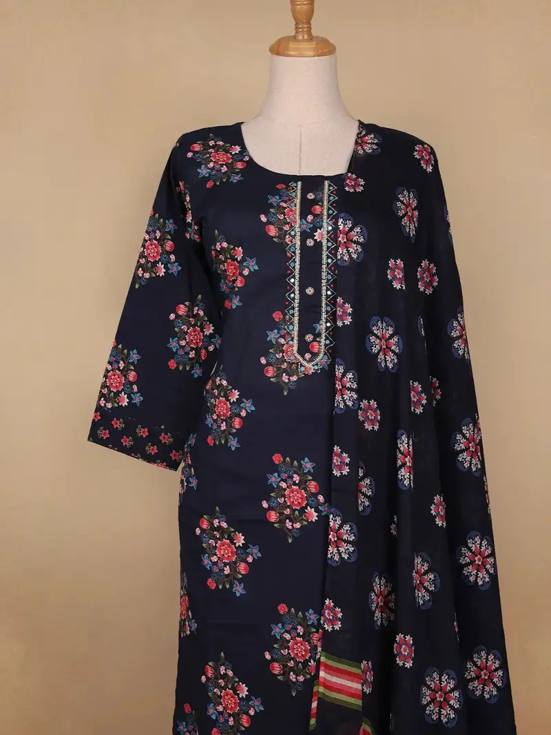Dark Blue Floral Prints Cotton Straight Cut Salwar Suit 2