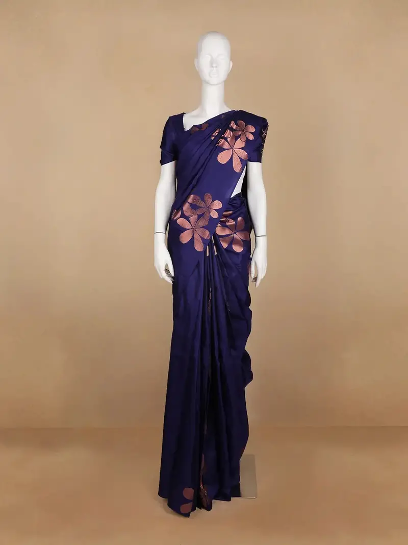 Dark Blue Floral Woven Silk Saree 1