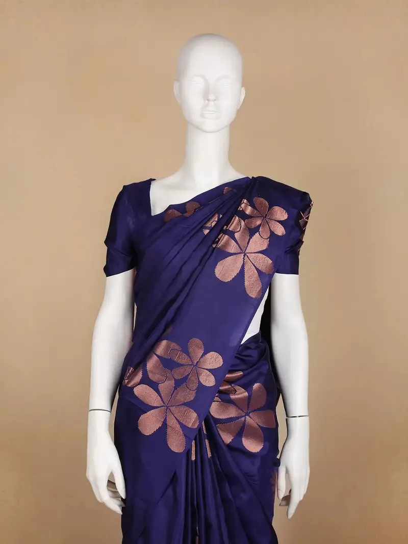 Dark Blue Floral Woven Silk Saree 2