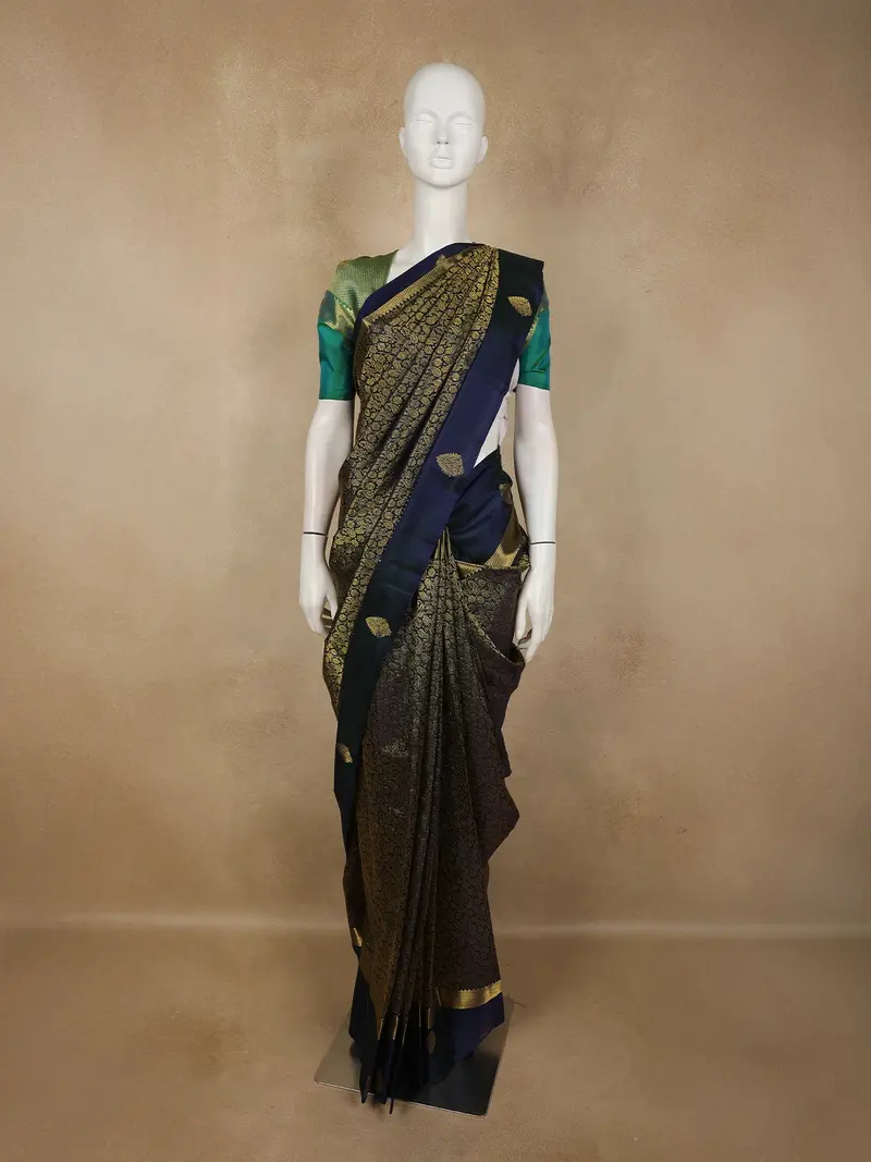 Dark Blue Floral Zari Woven Design Pure Kanchipuram Silk Saree With Paisley Border 1