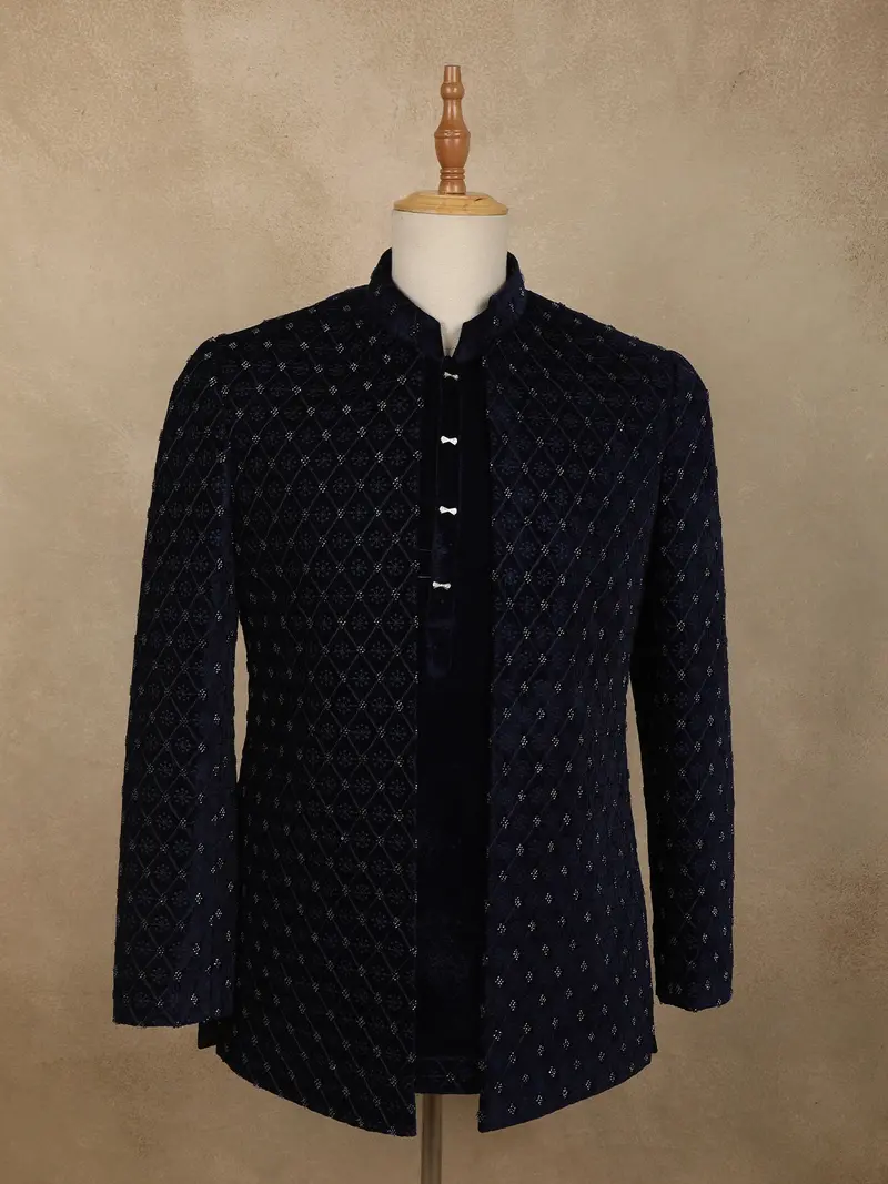 Dark Blue Geometric Beads Embroidered Design Velvet Men's Sherwani Suit 1
