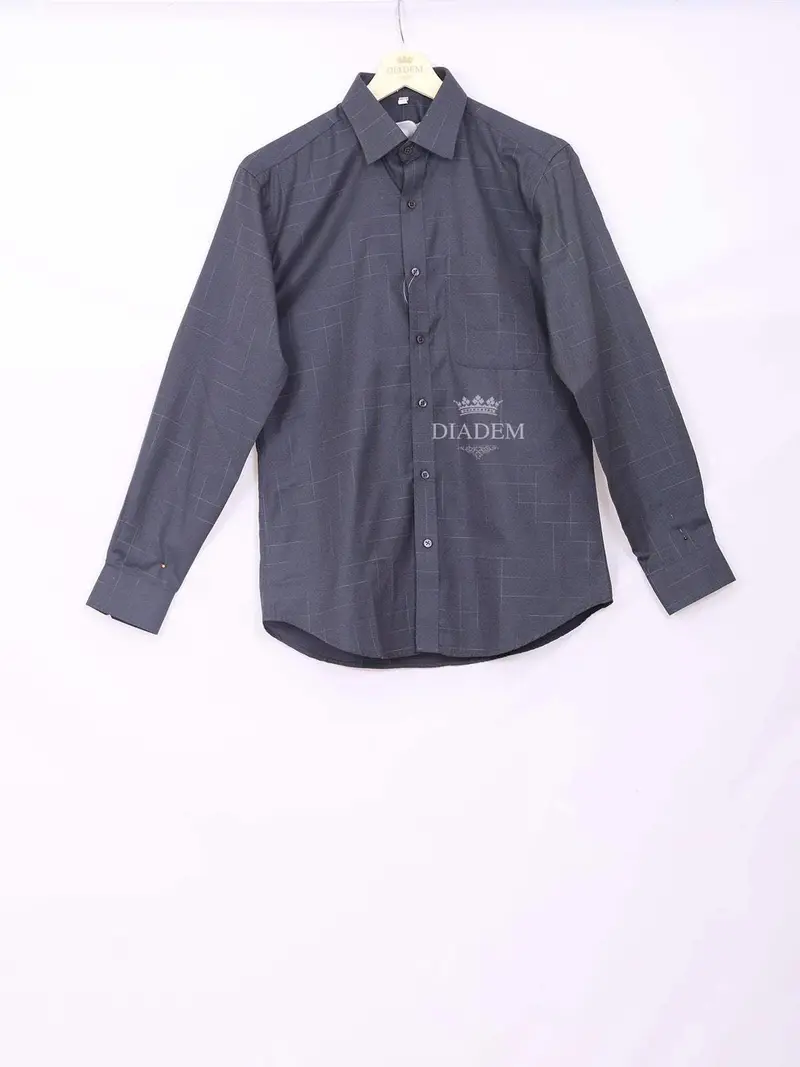 Dark Blue Grey Cotton Formal Shirt With Checked Design 1