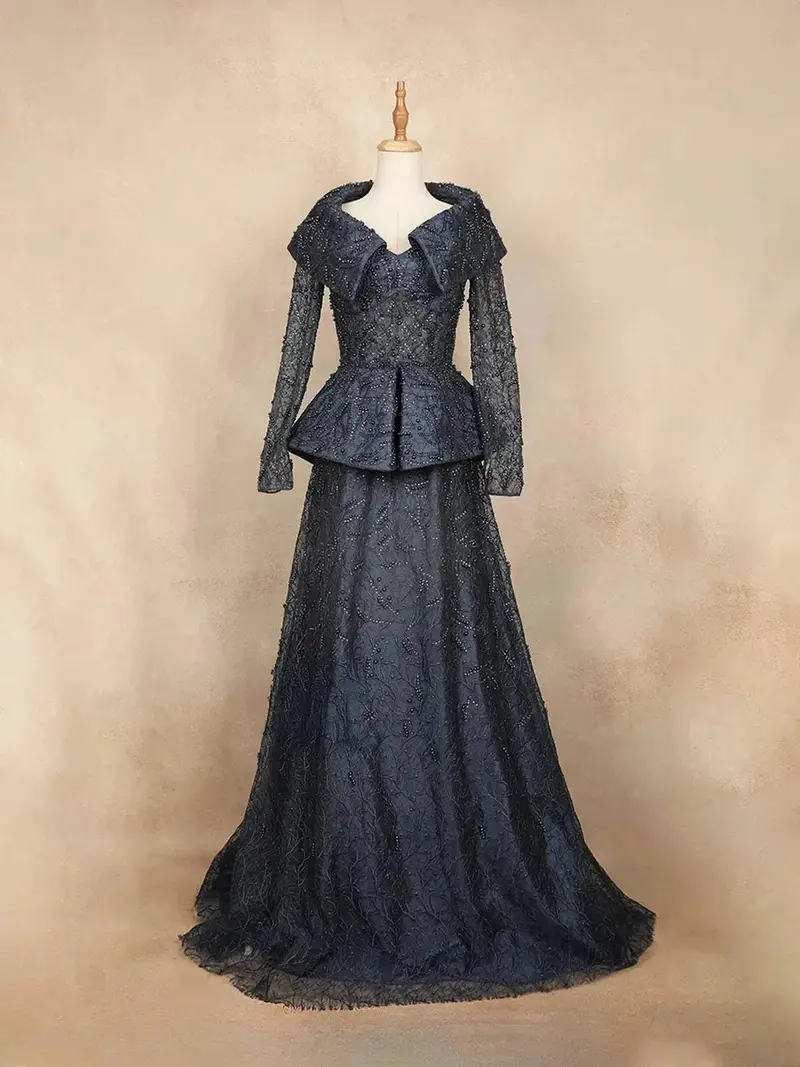 Dark Blue Net With Beads, Stones And Long Sleeves Gown 1