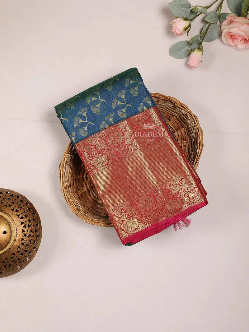 Dark Blue Pure Kanchipuram Bridal Silk Saree With Floral Motif On The Body And Contrast Zari Border 1