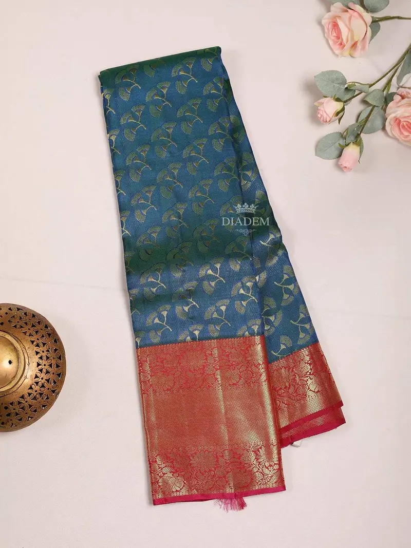 Dark Blue Pure Kanchipuram Bridal Silk Saree With Floral Motif On The Body And Contrast Zari Border 2