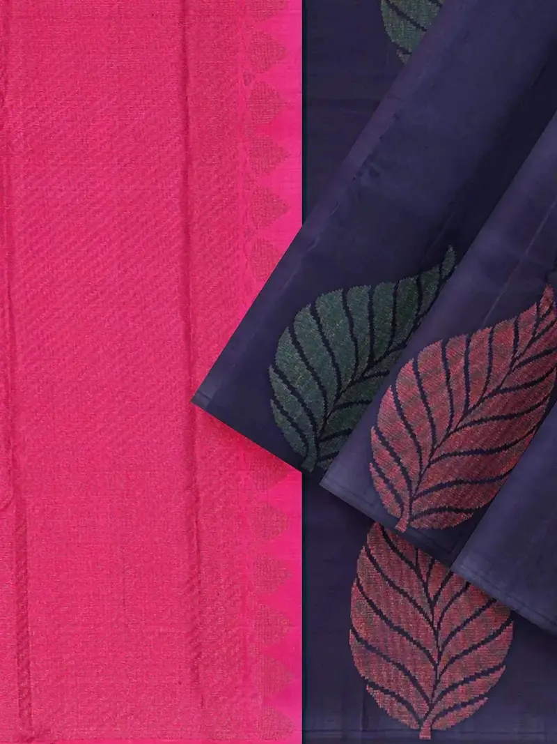 Dark Blue Pure Kanchipuram Bridal Silk Saree With Floral Motif On The Body And Without Border 2