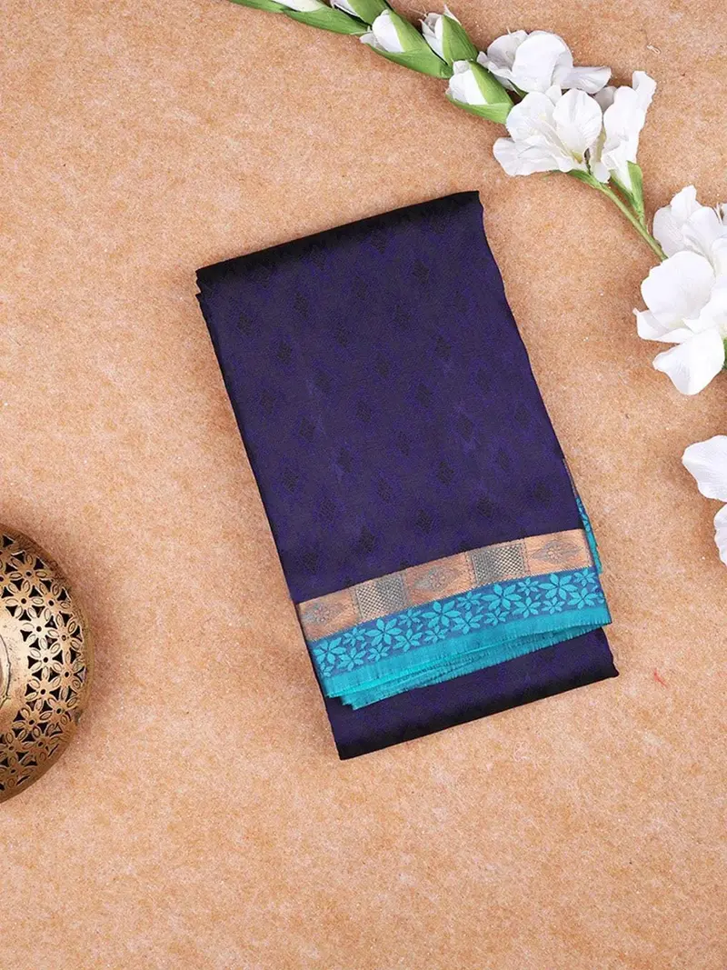 Dark Blue Pure Kanchipuram Bridal Silk Saree With Ikat Design On The Body With Zari Border 1