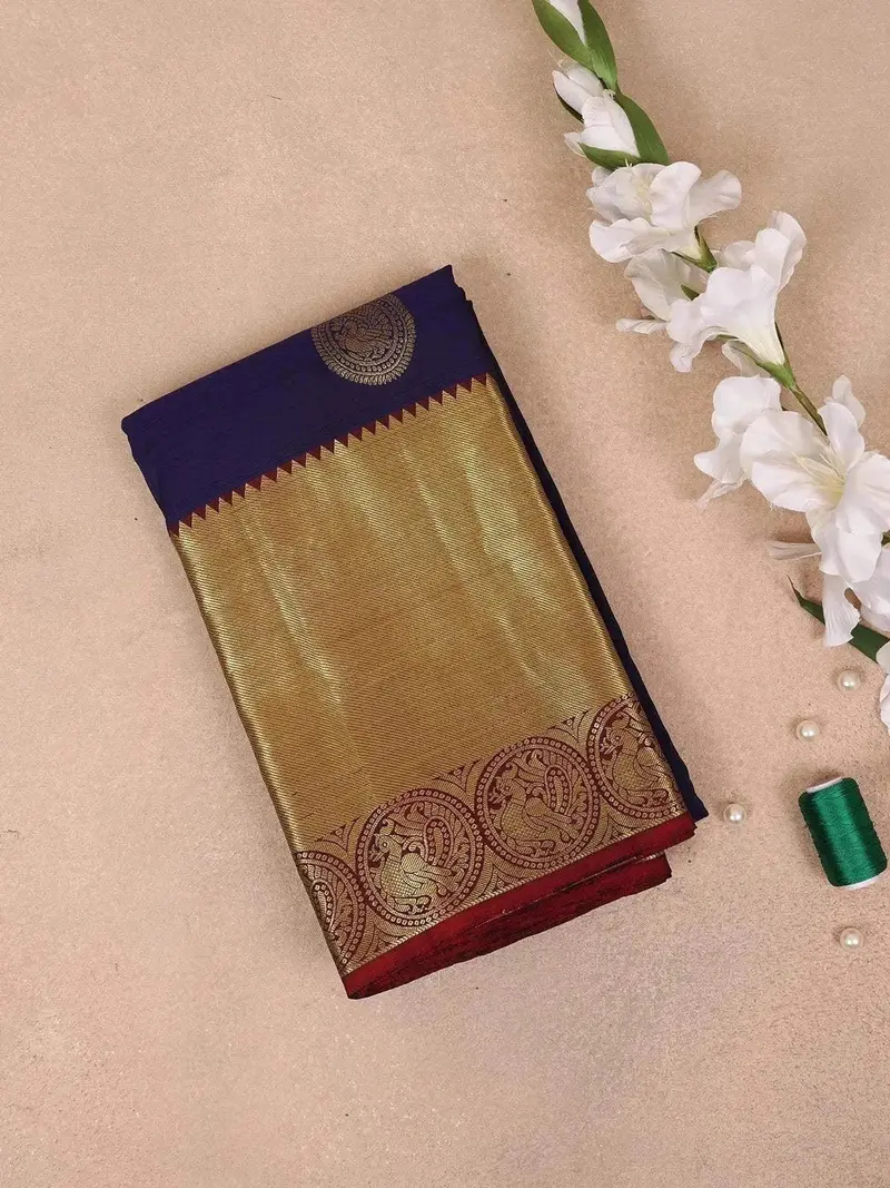 Dark Blue Pure Kanchipuram Bridal Silk Saree With Paisley Motif On The Body With Zari Border 1