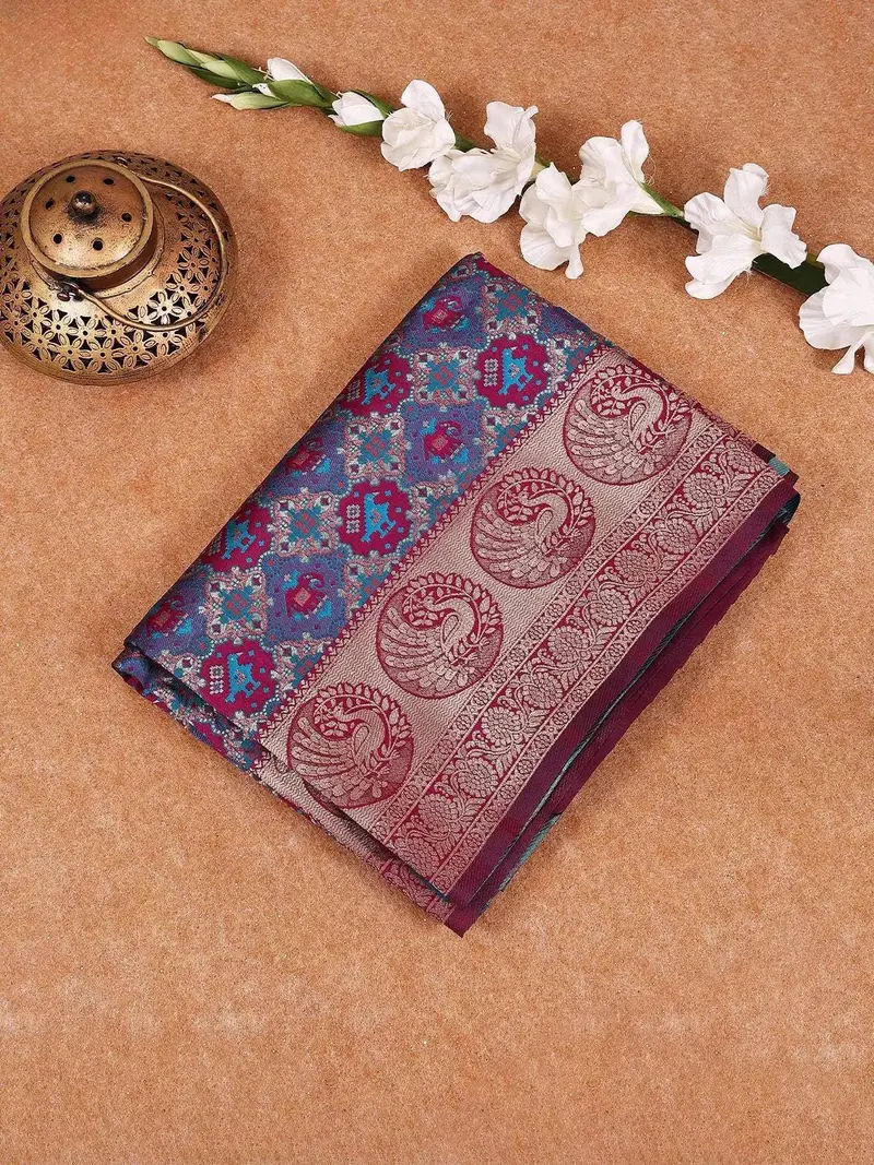 Dark Blue Semi Banarasi Saree With Geometric And Animal Motif On The Body With Border 1