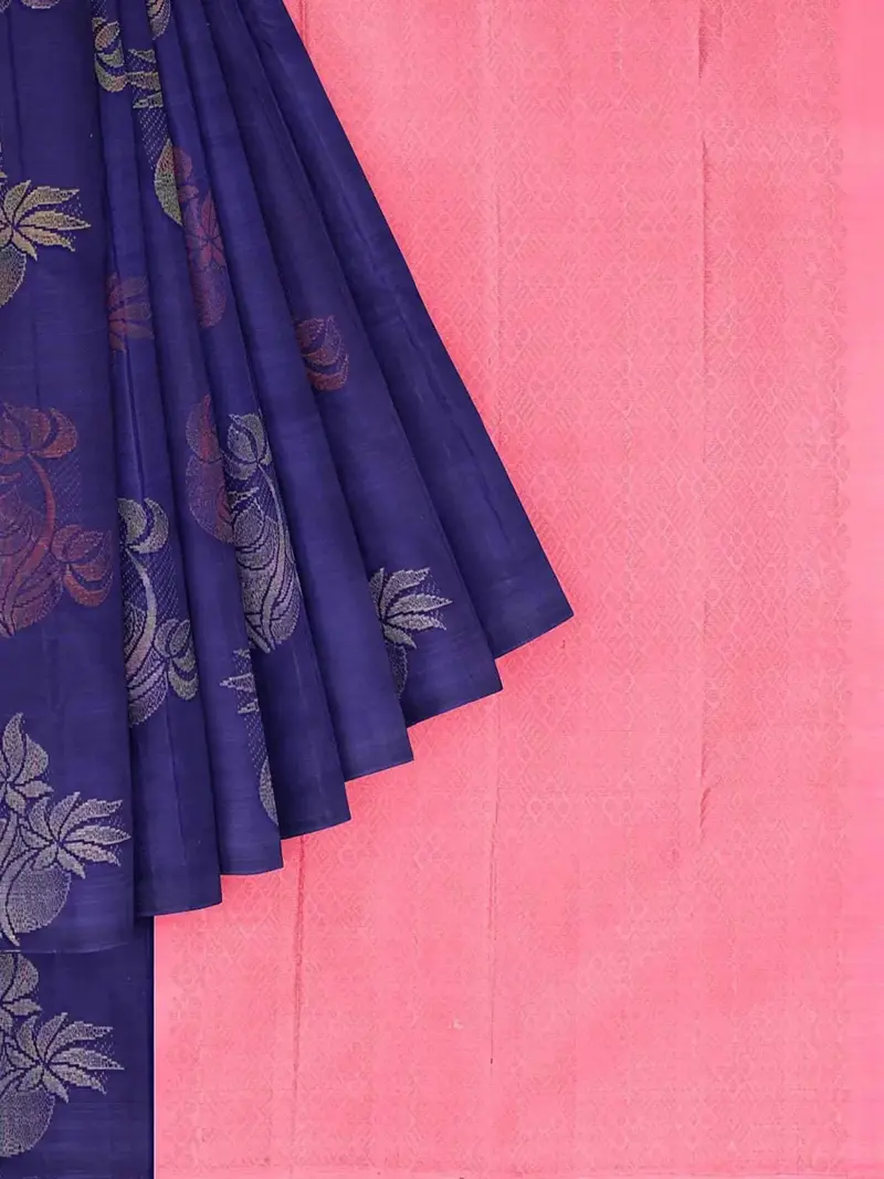 Dark Blue Silk Saree With Floral Motif And No Border 1