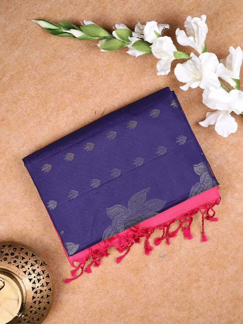 Dark Blue Soft Silk Saree With Flower And Leaf Design On The Body And Without Border 1