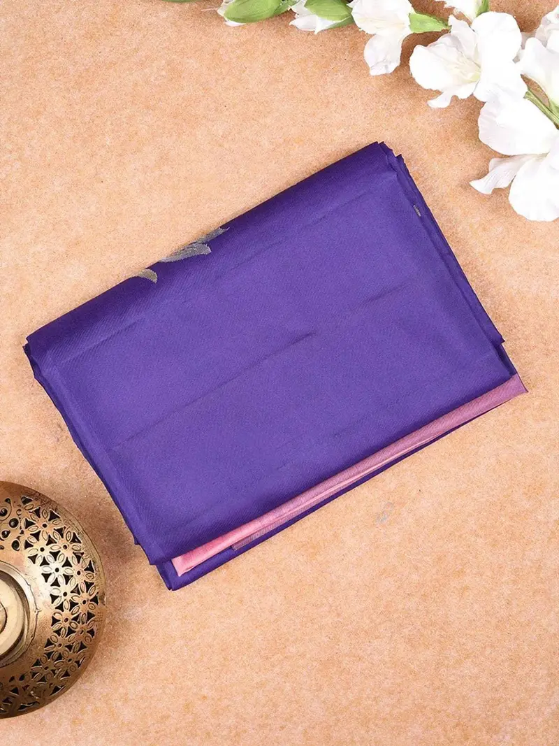 Dark Blue Soft Silk Saree With Flower Plant Design On The Body And Without Border 1