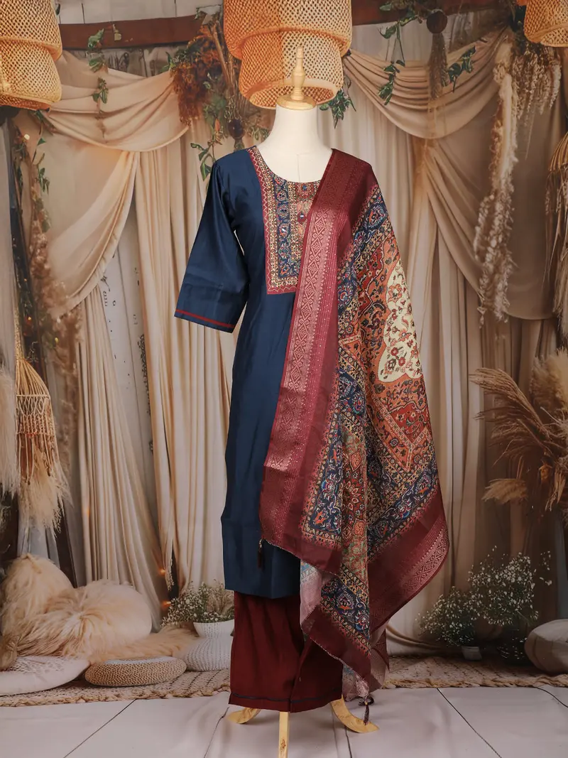 Dark Blue Solid Design Silk Cotton Salwar Suit With Embroidered Yoke 1