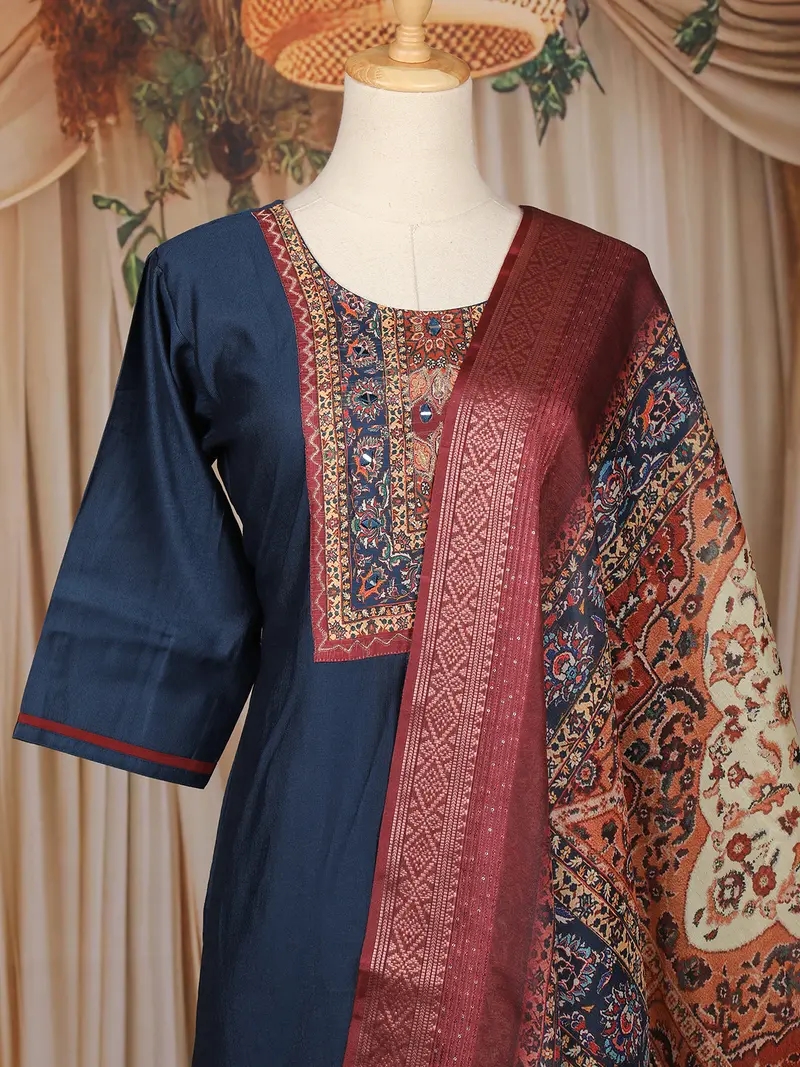 Dark Blue Solid Design Silk Cotton Salwar Suit With Embroidered Yoke 2