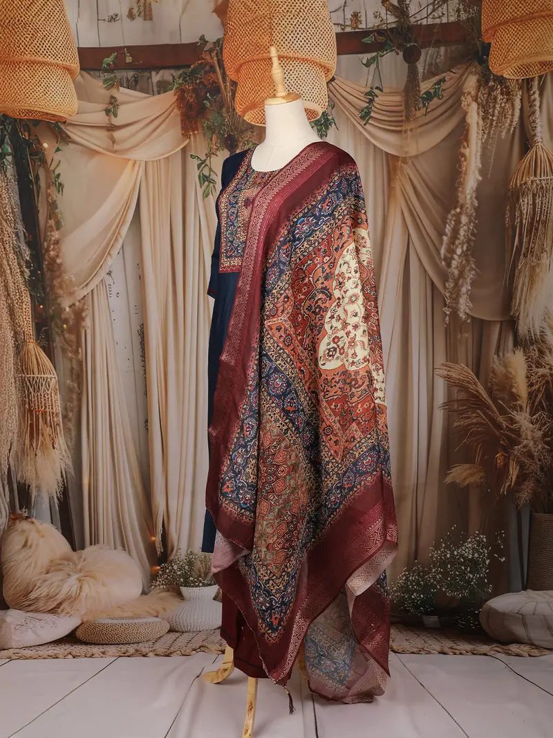 Dark Blue Solid Design Silk Cotton Salwar Suit With Embroidered Yoke 3