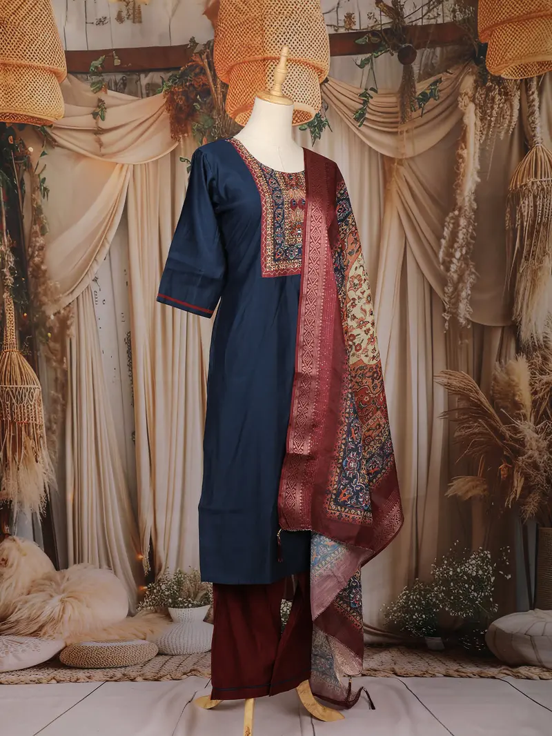 Dark Blue Solid Design Silk Cotton Salwar Suit With Embroidered Yoke 4