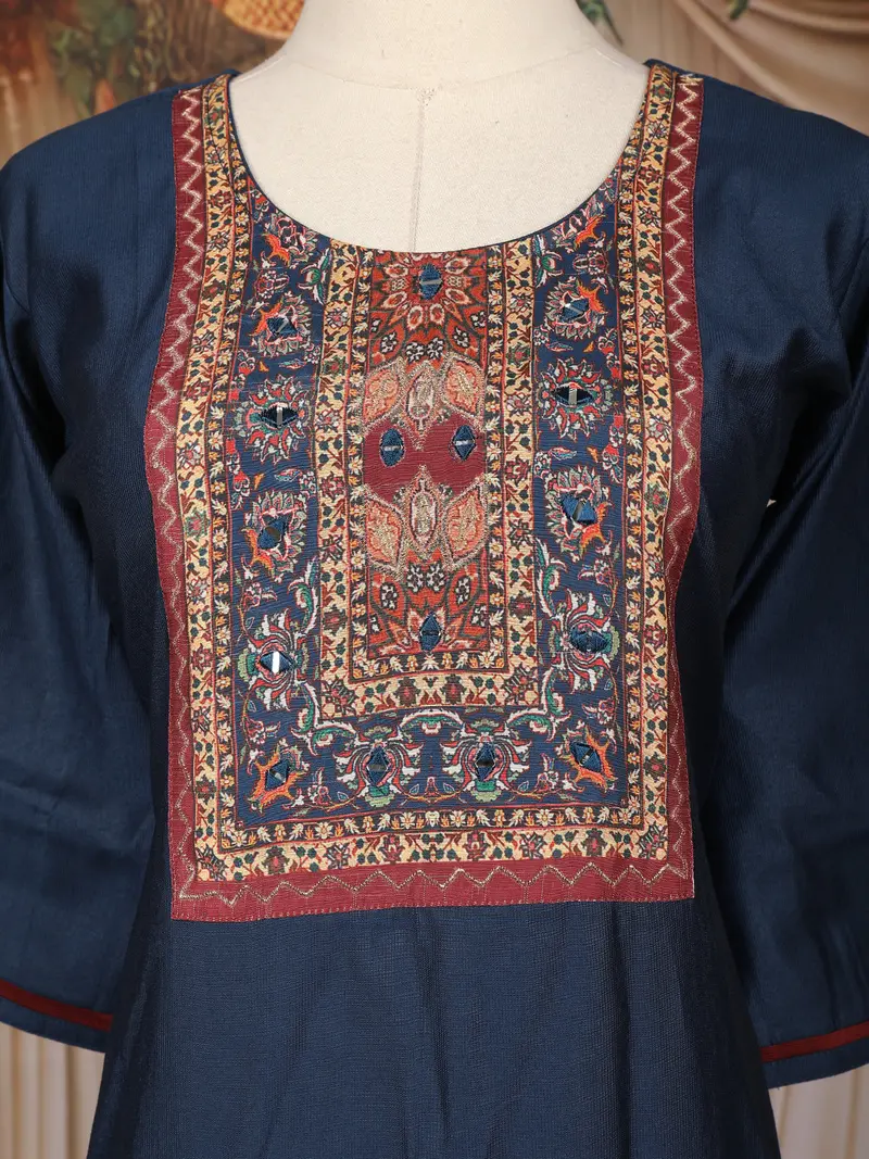 Dark Blue Solid Design Silk Cotton Salwar Suit With Embroidered Yoke 5