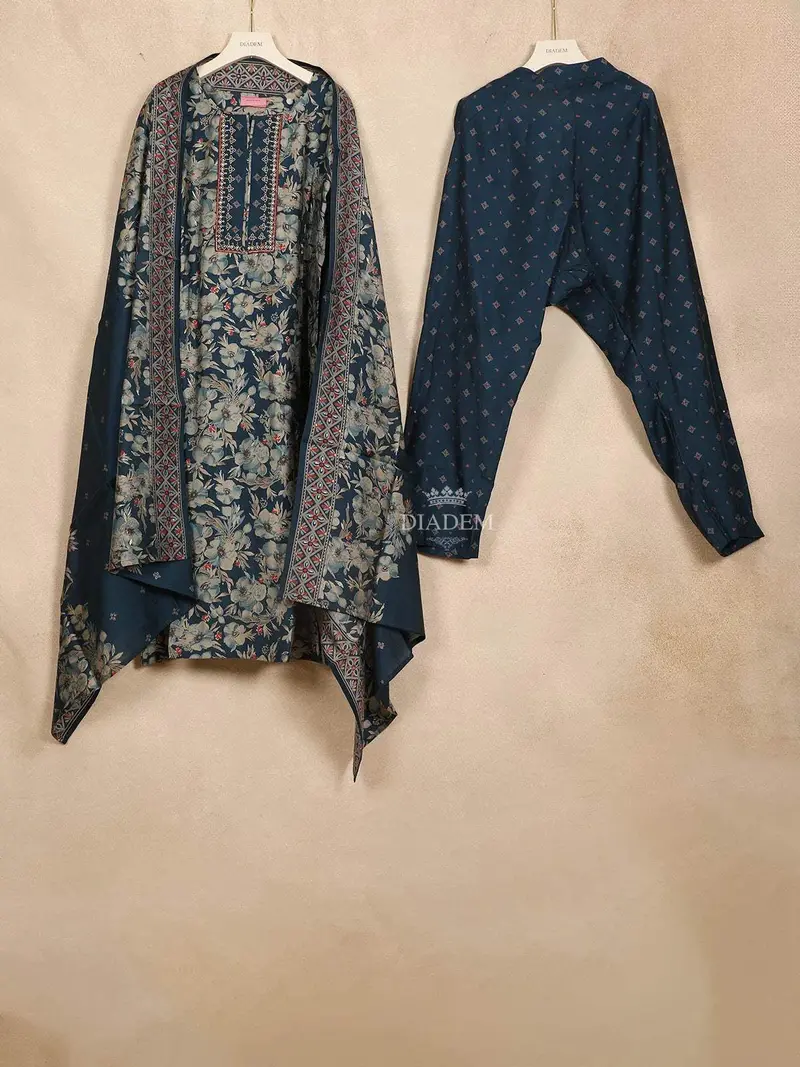 Dark Blue Straight Cut Salwar Suit For Women Adorned With Floral Design With Dupatta 1