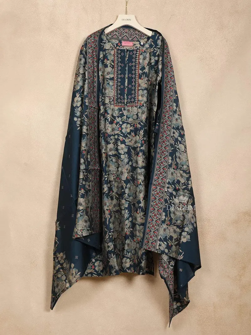 Dark Blue Straight Cut Salwar Suit For Women Adorned With Floral Design With Dupatta 2