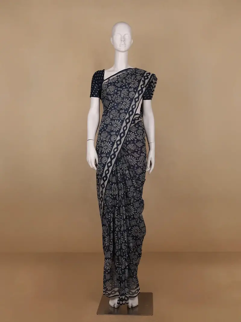 Dark Blue Warli Designed Soft Silk Saree 1