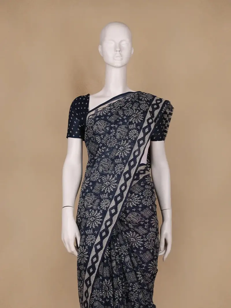 Dark Blue Warli Designed Soft Silk Saree 2