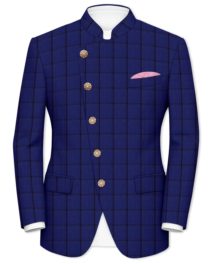 Dark Blue Windowpane Cross Placket Bandhgala Blazer 1