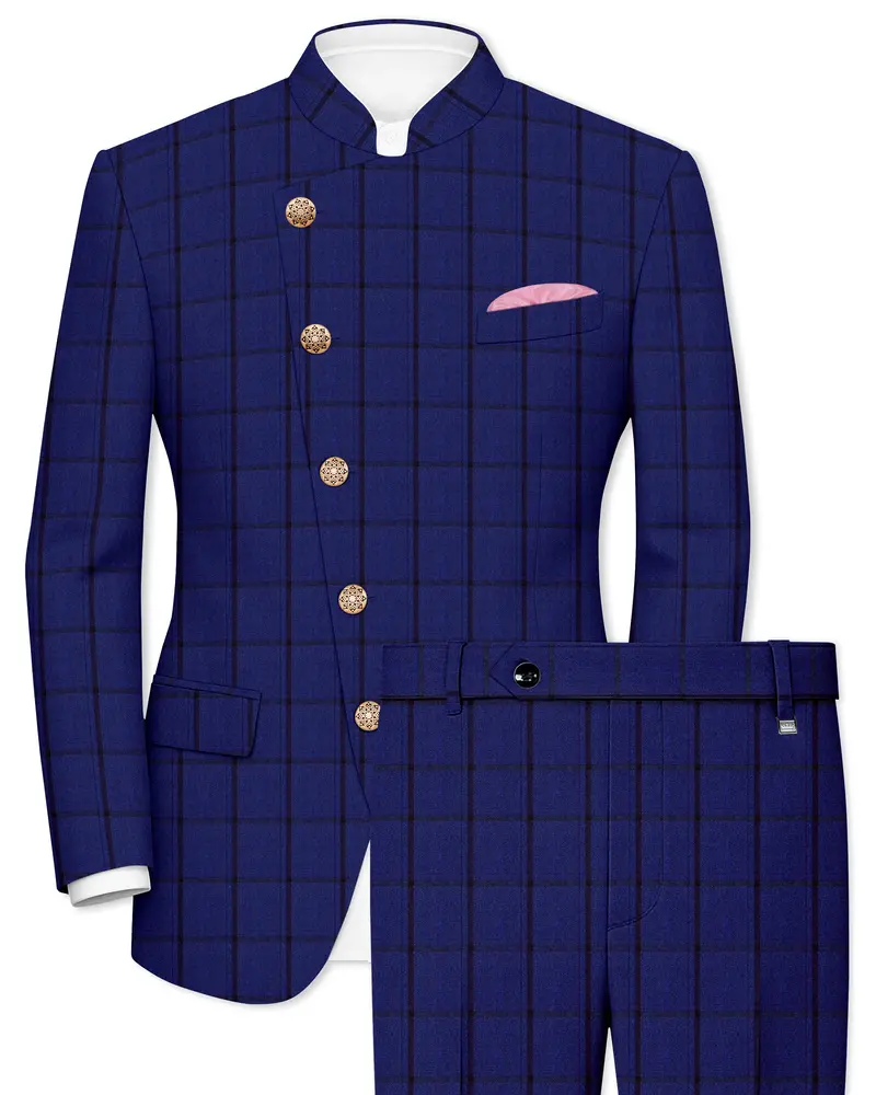 Dark Blue Windowpane Cross Placket Bandhgala Suit 1