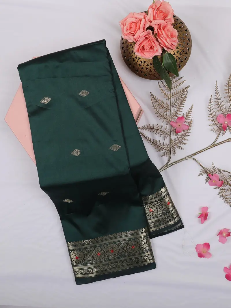 Dark Bottle Green Butta Woven Design Soft Silk Saree With Silver Zari Floral Border 1