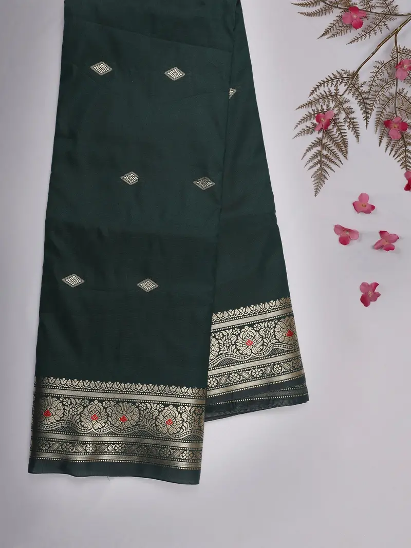 Dark Bottle Green Butta Woven Design Soft Silk Saree With Silver Zari Floral Border 2