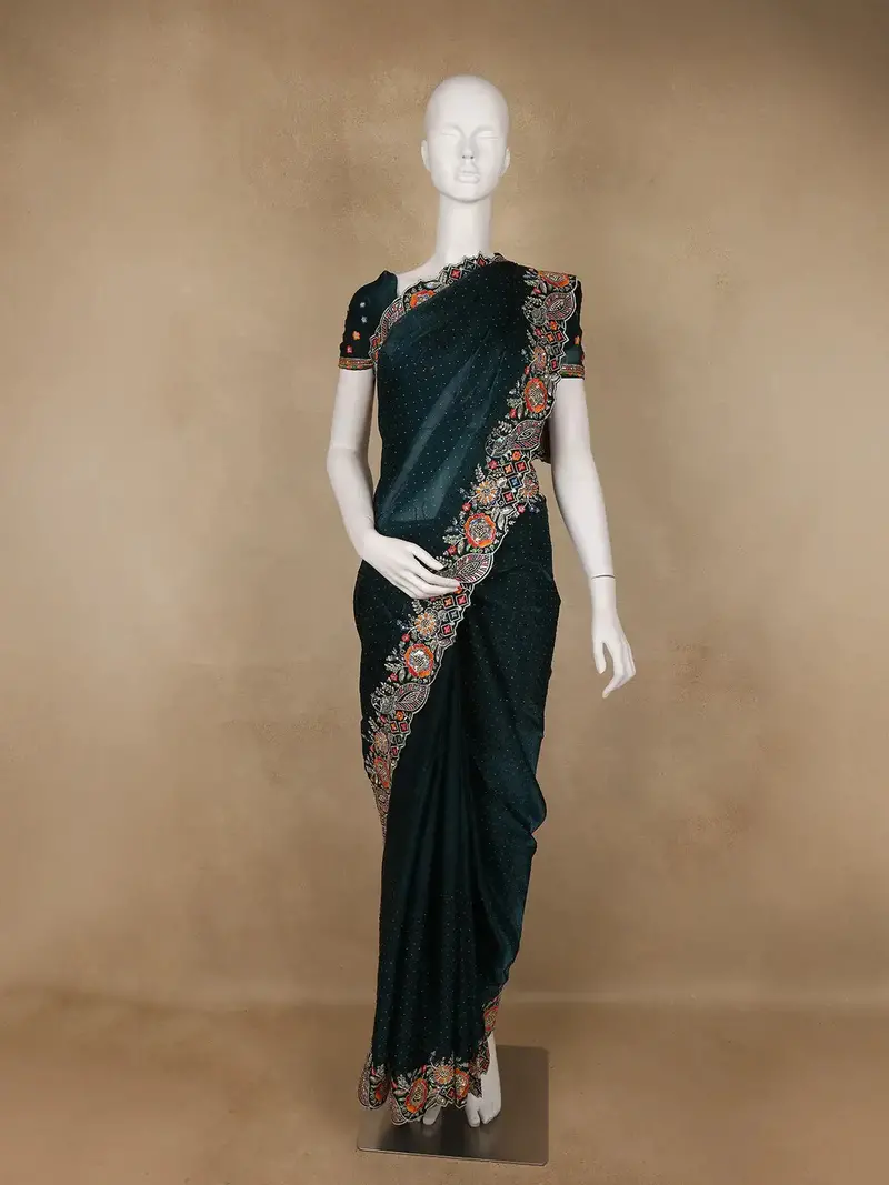 Dark Bottle Green Floral Embellished Chiffon Saree 1